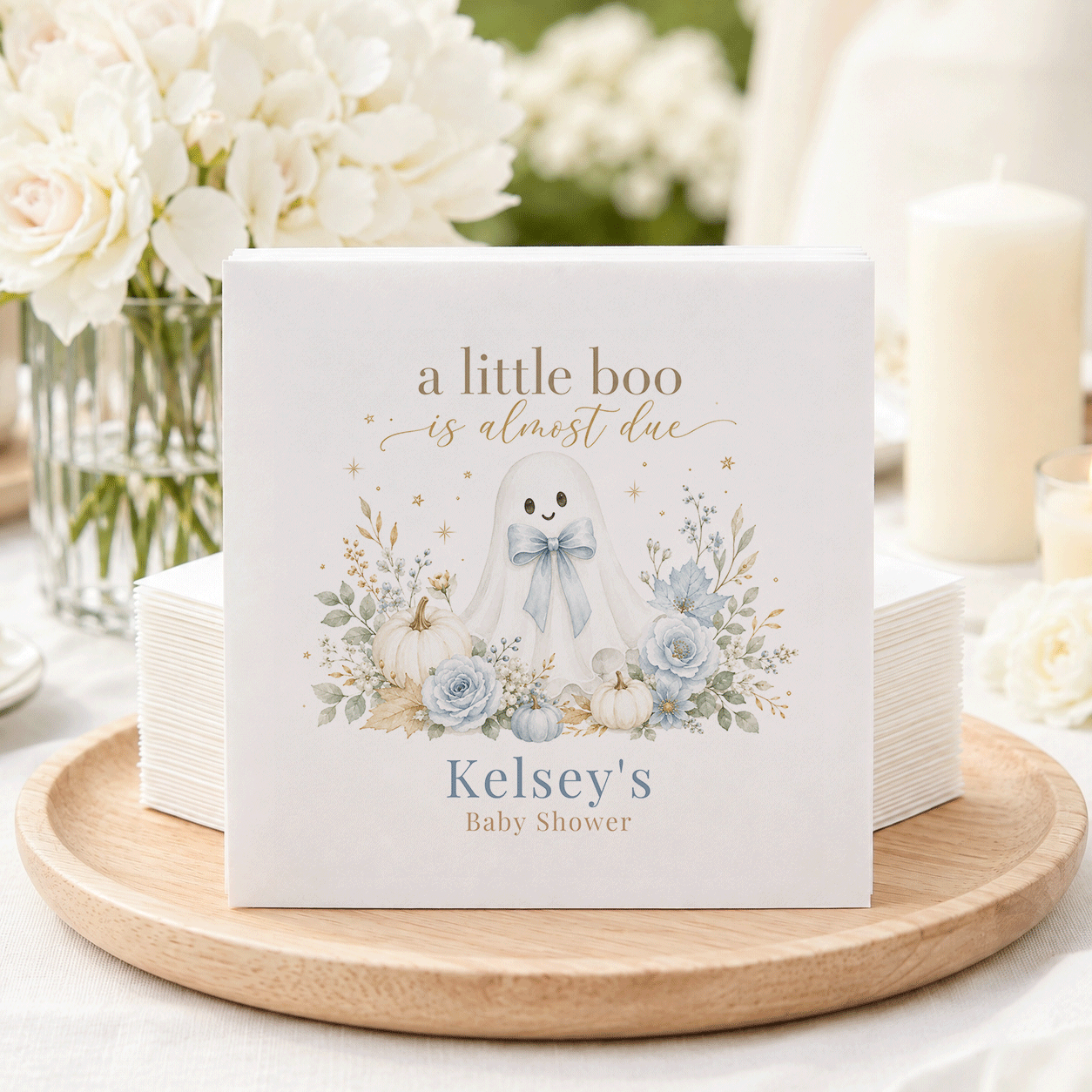 Napkins with ghost, pumpkins, and "Kelsey's Baby Shower" text.