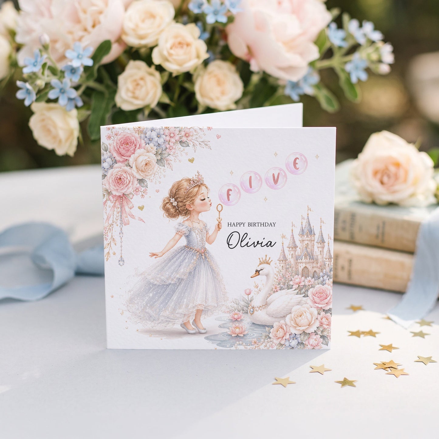 5th Birthday Swan Princess Card, Personalized Girl - Pretty Gifted
