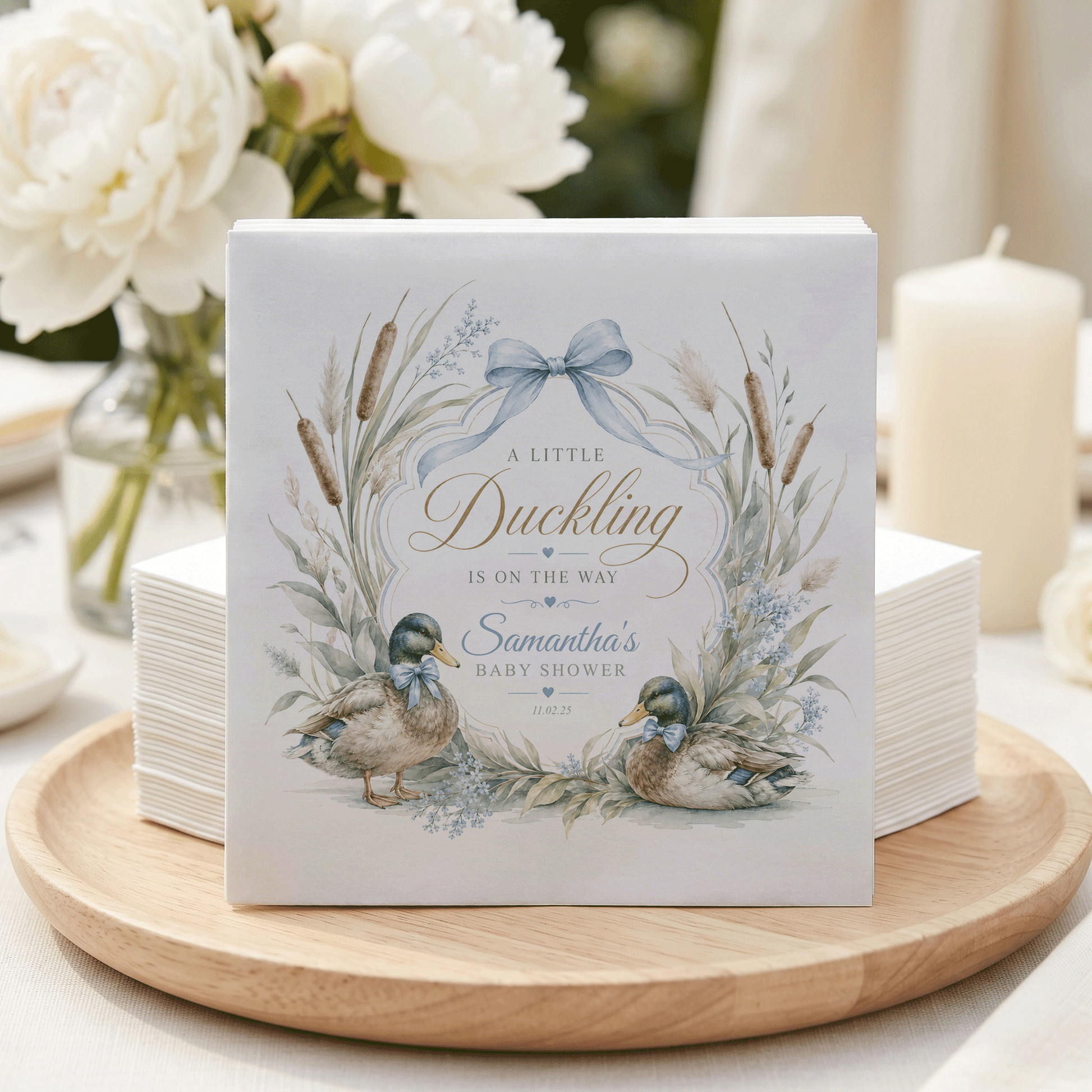 "A Little Duckling" baby shower napkins for Samantha's baby shower on 11.02.25.
