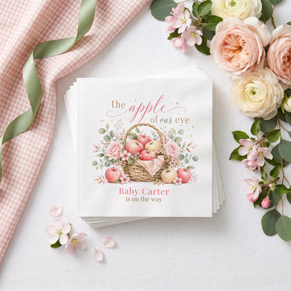 Blush pink baby shower napkin with an apple basket, pink roses, apple blossom and a personalized baby name