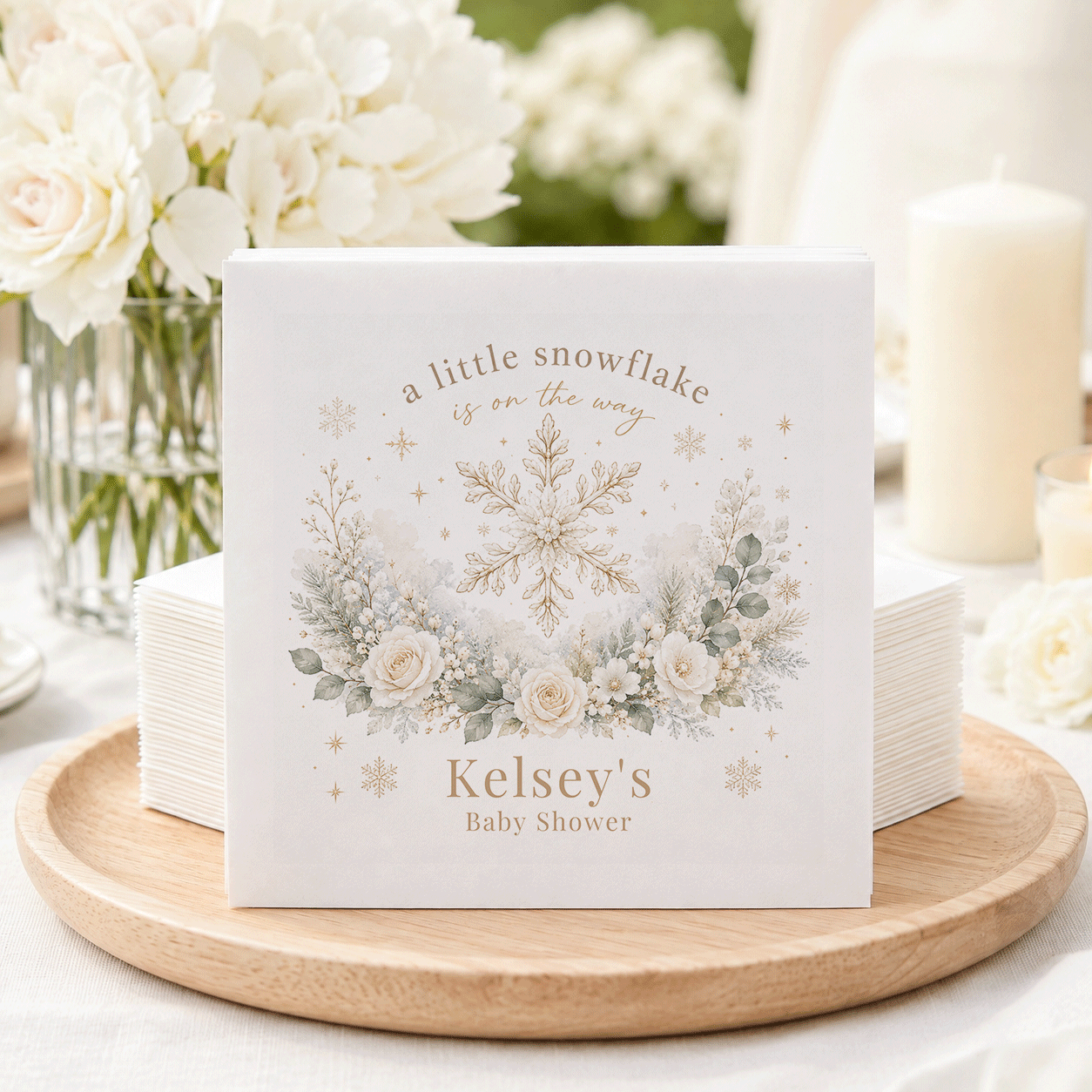 "A little snowflake is on the way" baby shower napkins for Kelsey's.