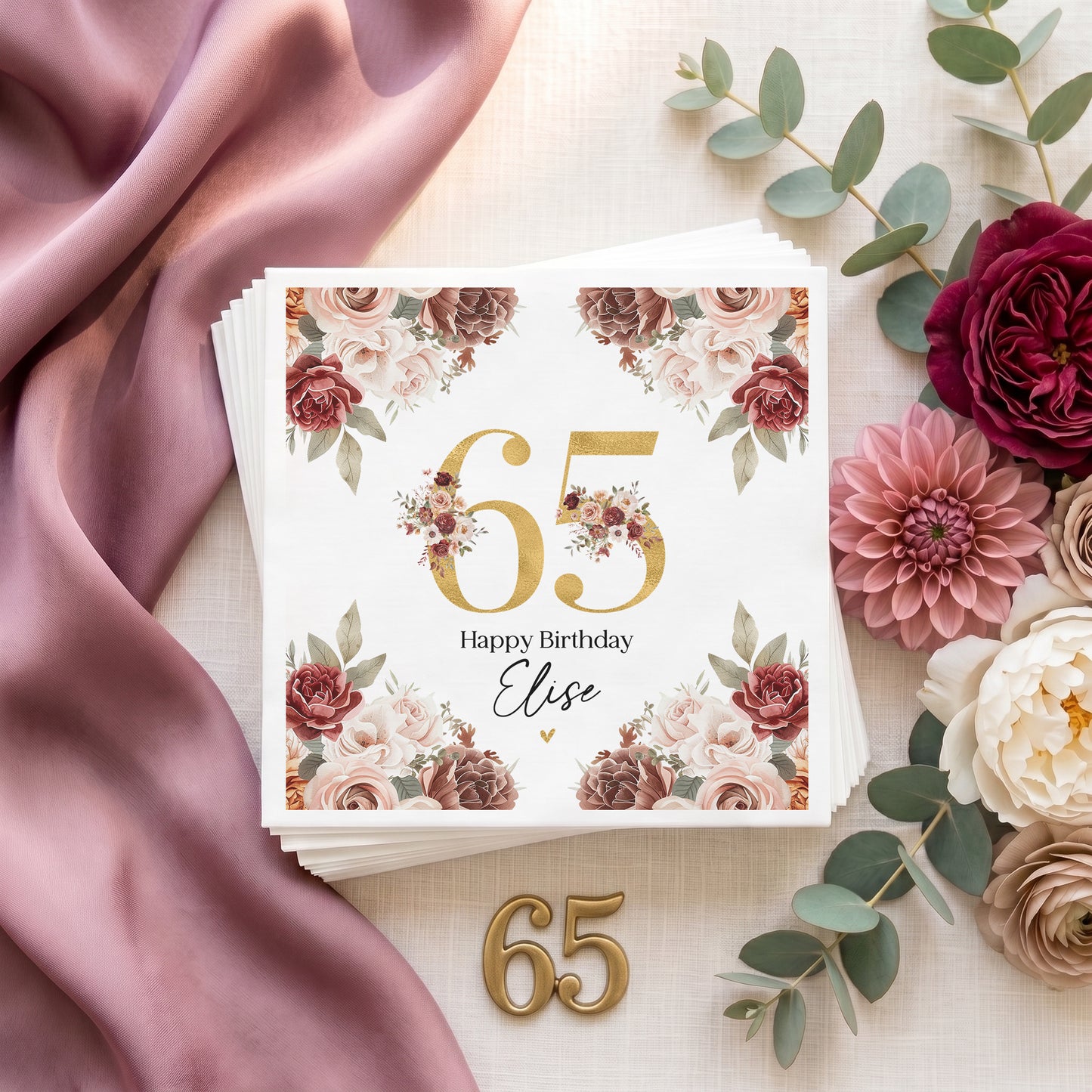 Personalized 65th birthday napkins with gold 65 and burgundy, mauve and blush floral design