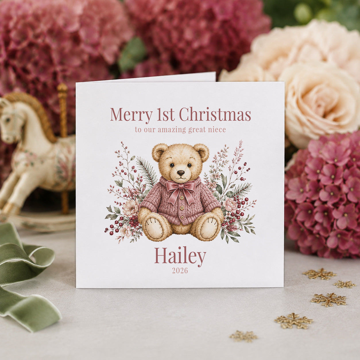 Great Niece First Christmas Card, Pink Heirloom Teddy