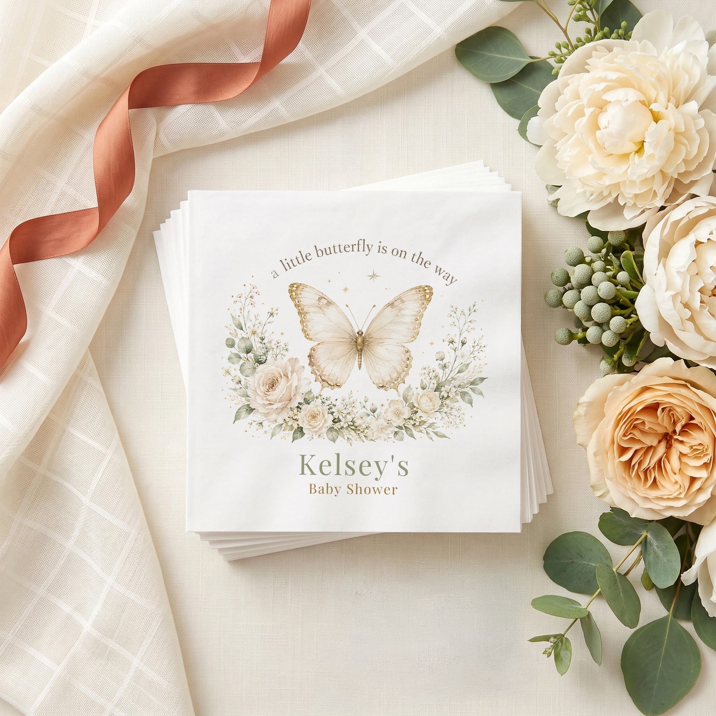 Cream and sage butterfly baby shower napkin with gold traced wings, ivory roses and a personalized name in sage green