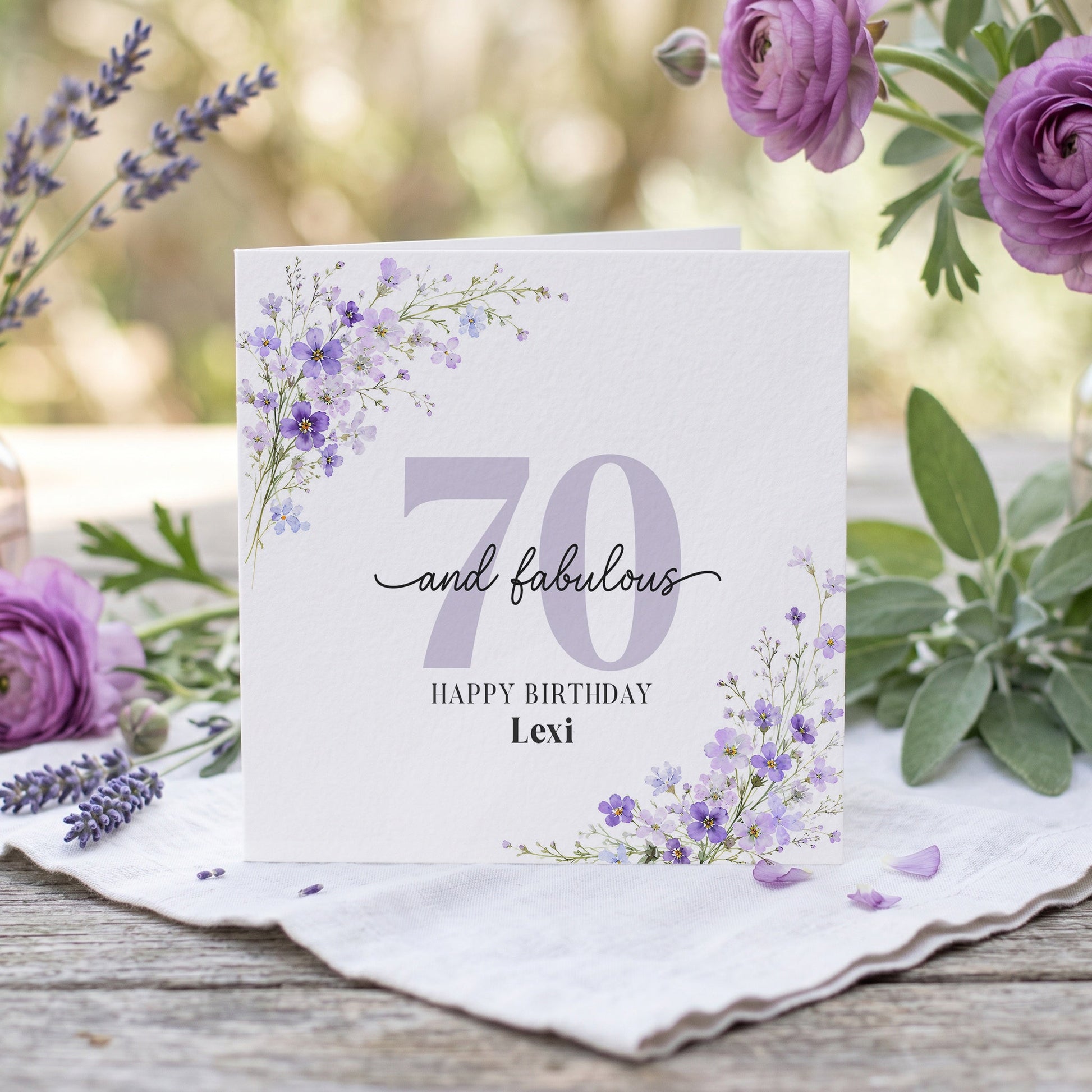 70 and Fabulous Birthday Card, Personalized Purple - Pretty Gifted