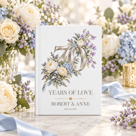 70th Anniversary Guest Book, Blue and Ivory Florals - Pretty Gifted