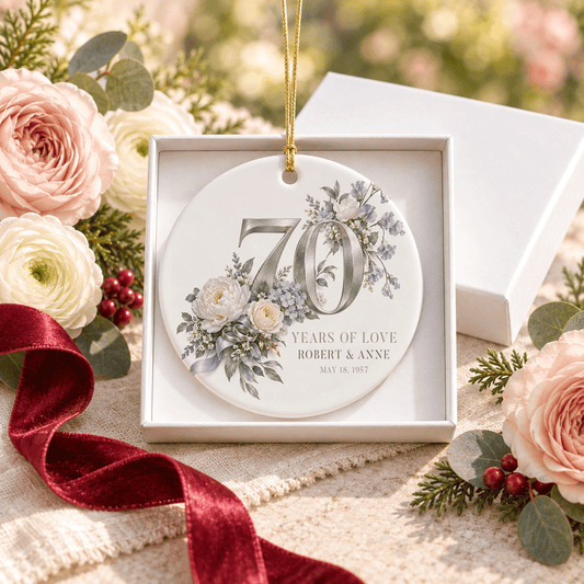 70th Anniversary Photo Ornament, Blue and Ivory Florals - Pretty Gifted