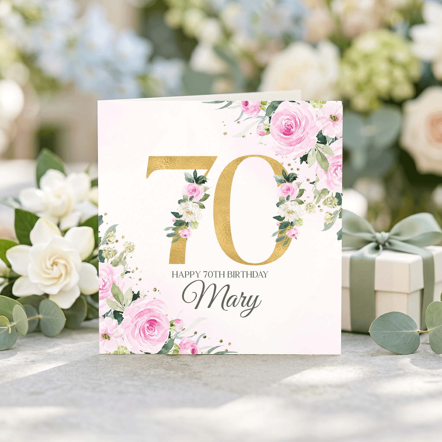 70th Birthday Card, Pink Rose Gold Numeral, Personalized - Pretty Gifted