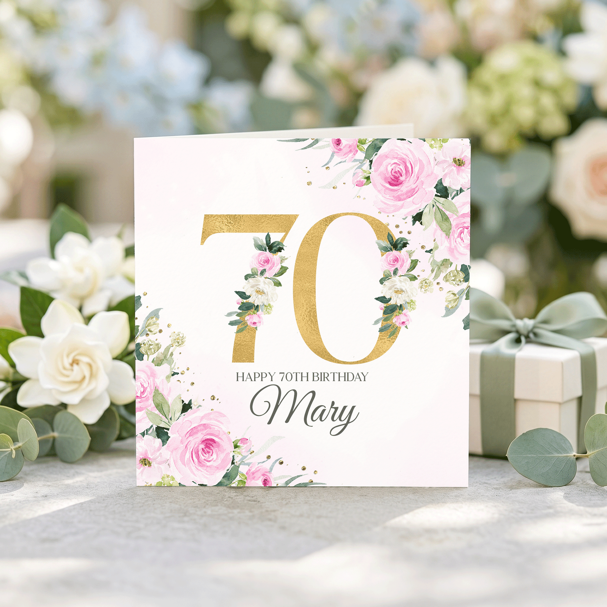 70th Birthday Card, Pink Rose Gold Numeral, Personalized - Pretty Gifted