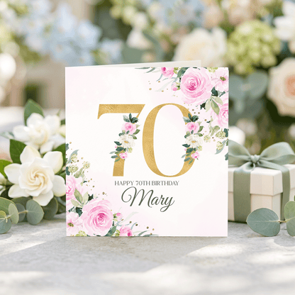70th Birthday Card, Pink Rose Gold Numeral, Personalized - Pretty Gifted