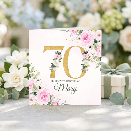 70th Birthday Card, Pink Rose Gold Numeral, Personalized - Pretty Gifted