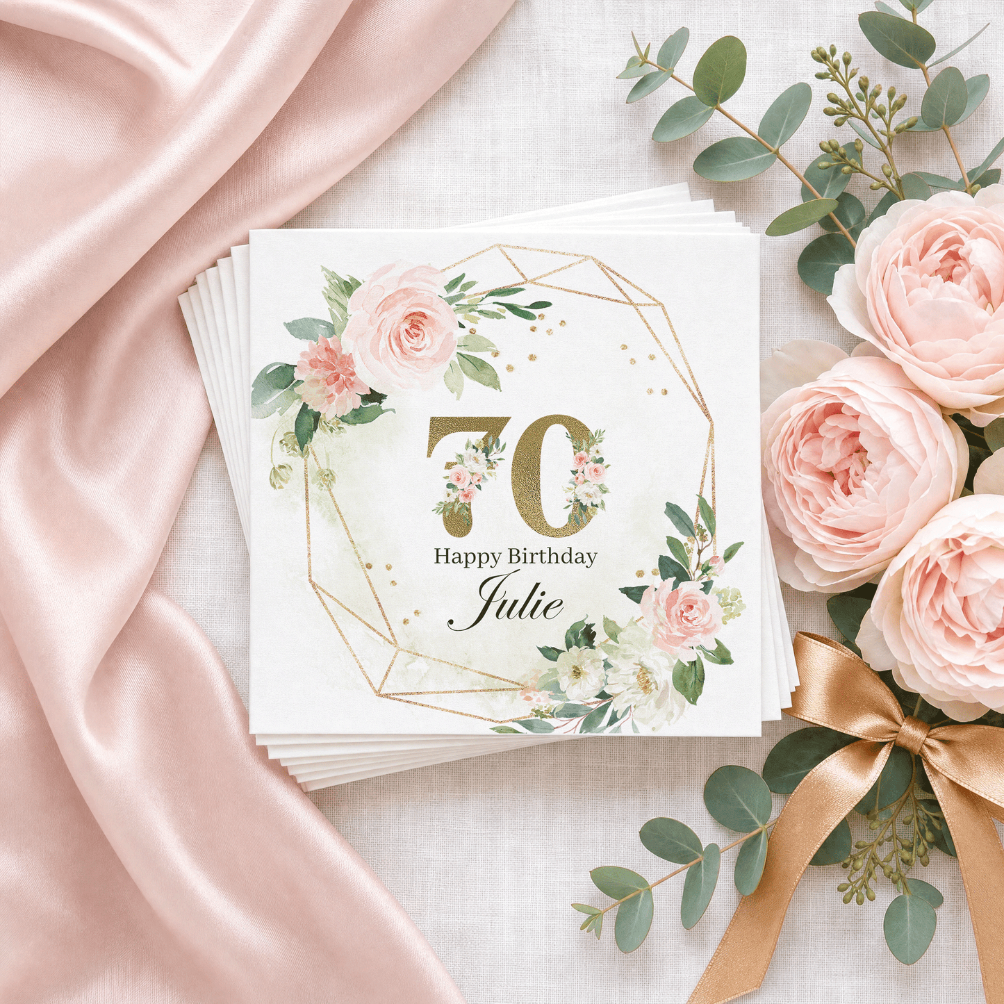 70th Birthday Napkins, Blush Floral Gold Geometric, Personalized - Pretty Gifted