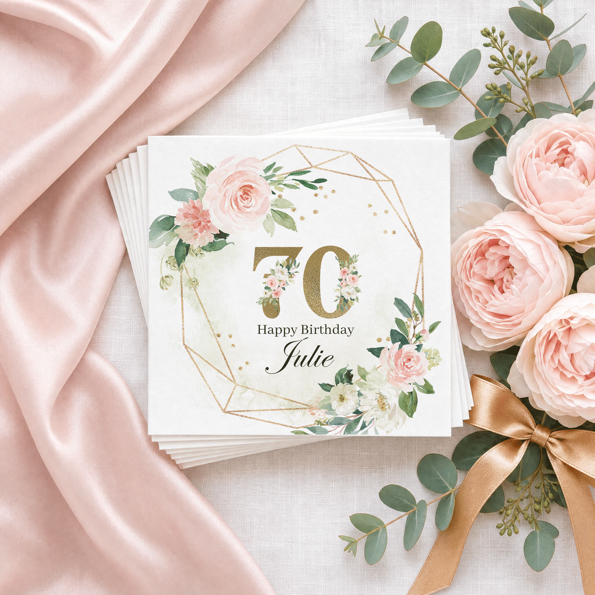 70th Birthday Napkins, Blush Floral Gold Geometric, Personalized - Pretty Gifted