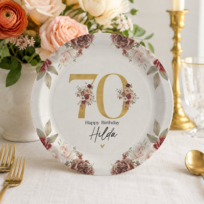 70th Birthday Plates, Personalized Gold Floral Design - Pretty Gifted
