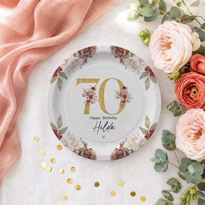 70th Birthday Plates, Personalized Gold Floral Design - Pretty Gifted