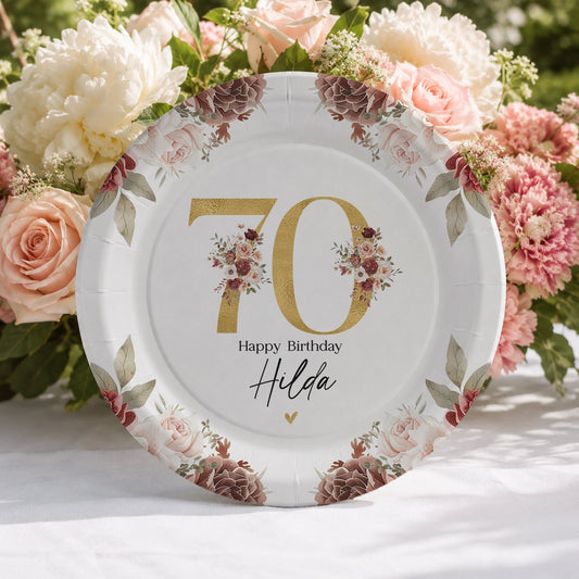 70th Birthday Plates, Personalized Gold Floral Design - Pretty Gifted