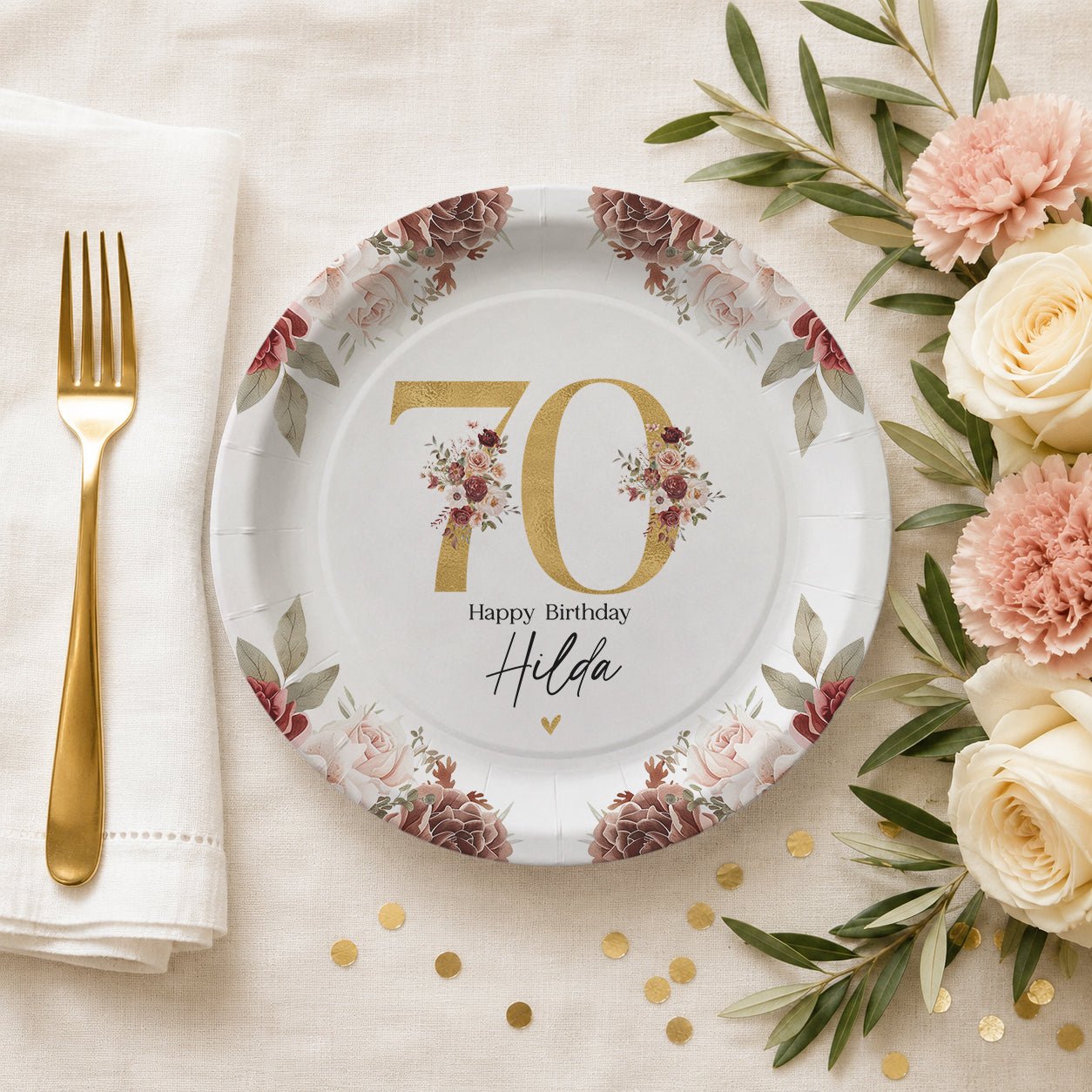 70th Birthday Plates, Personalized Gold Floral Design - Pretty Gifted