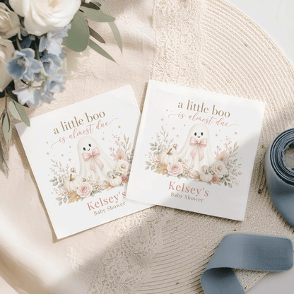 Two square cards with "A little boo is almost due" and "Kelsey's Baby Shower".