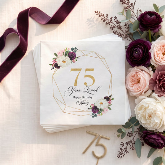 75 Years Loved Floral 75th Birthday Napkins - Pretty Gifted