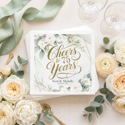 75 Years Together Napkins, Personalized White Floral - Pretty Gifted