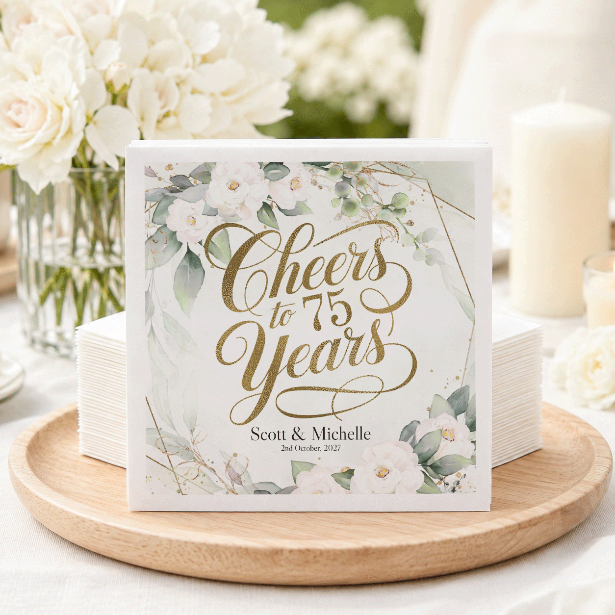 75 Years Together Napkins, Personalized White Floral - Pretty Gifted