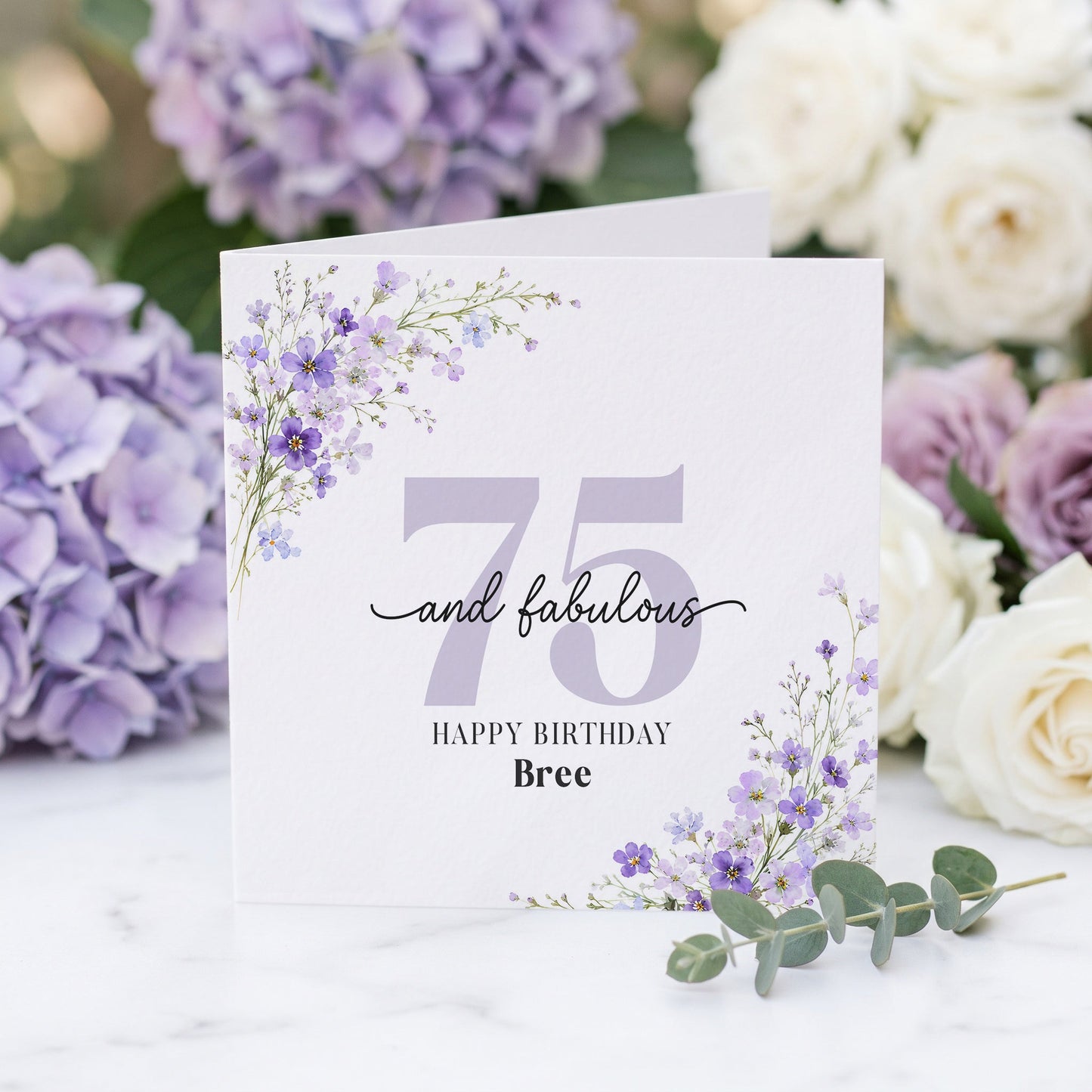 75th Birthday Card for Her, Personalized Purple Floral - Pretty Gifted