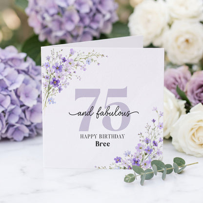 75th Birthday Card for Her, Personalized Purple Floral - Pretty Gifted