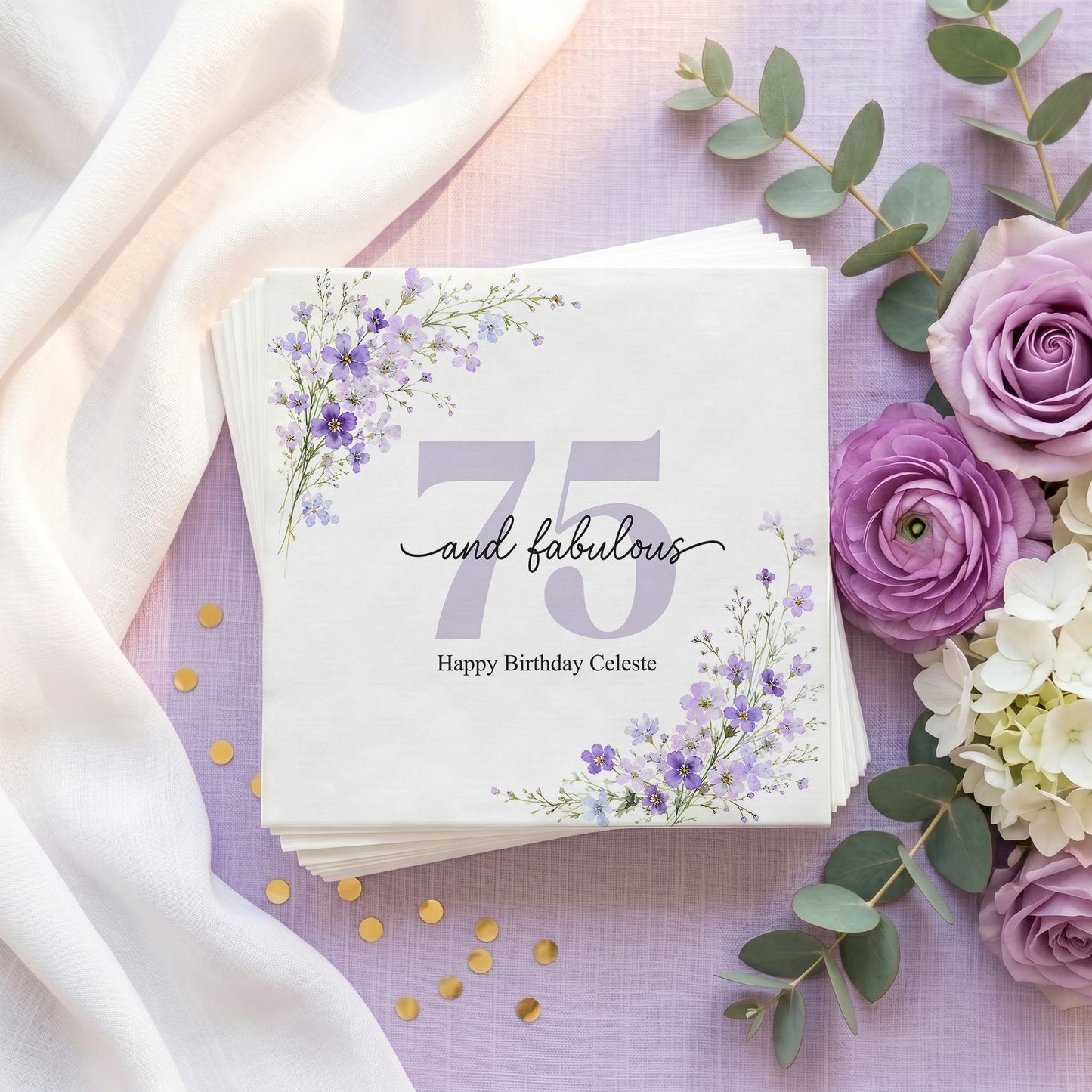 75th Birthday Napkins, Personalized Purple Wildflower - Pretty Gifted