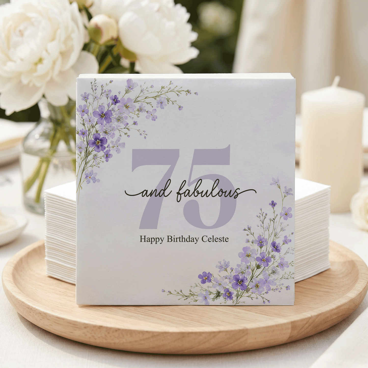 75th Birthday Napkins, Personalized Purple Wildflower - Pretty Gifted