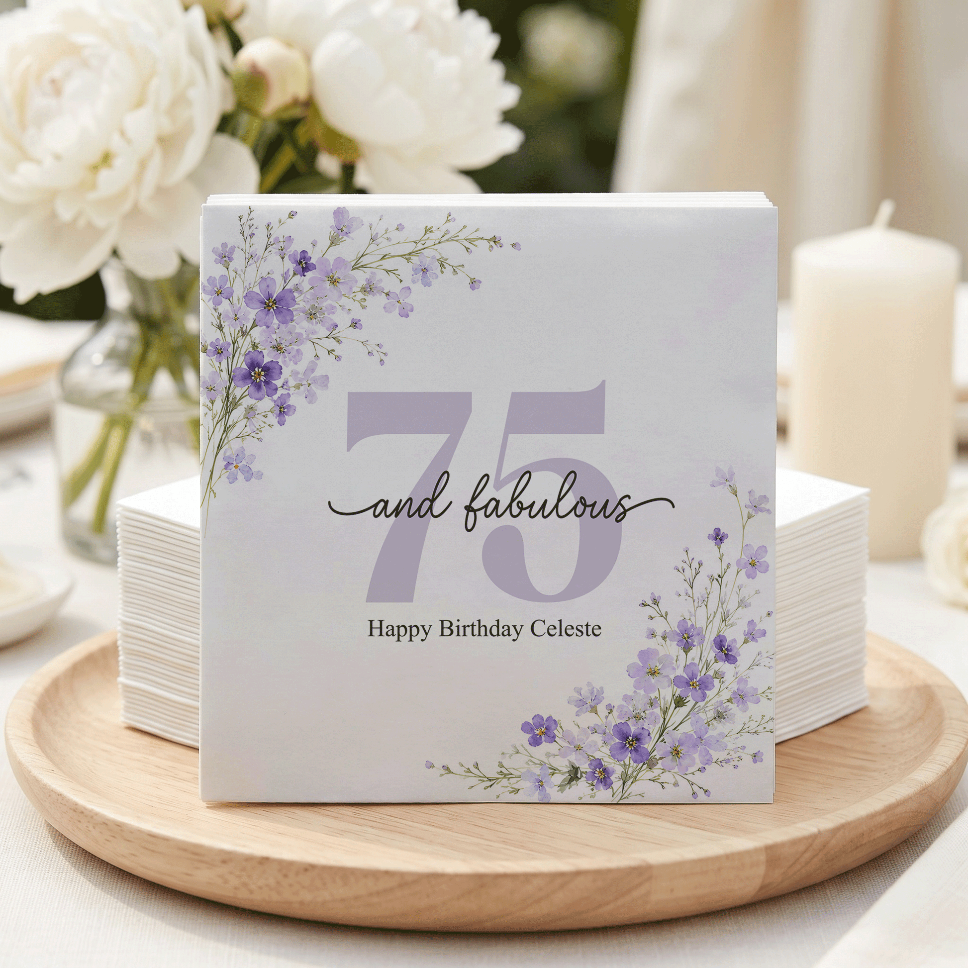 75th Birthday Napkins, Personalized Purple Wildflower - Pretty Gifted