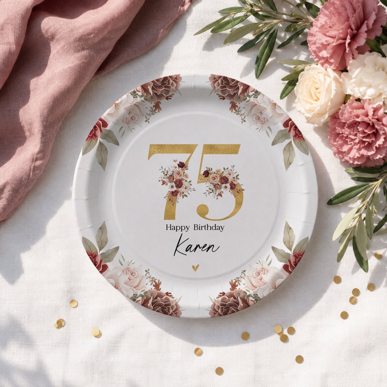 75th Birthday Plates, Personalized Gold and Blush Floral - Pretty Gifted