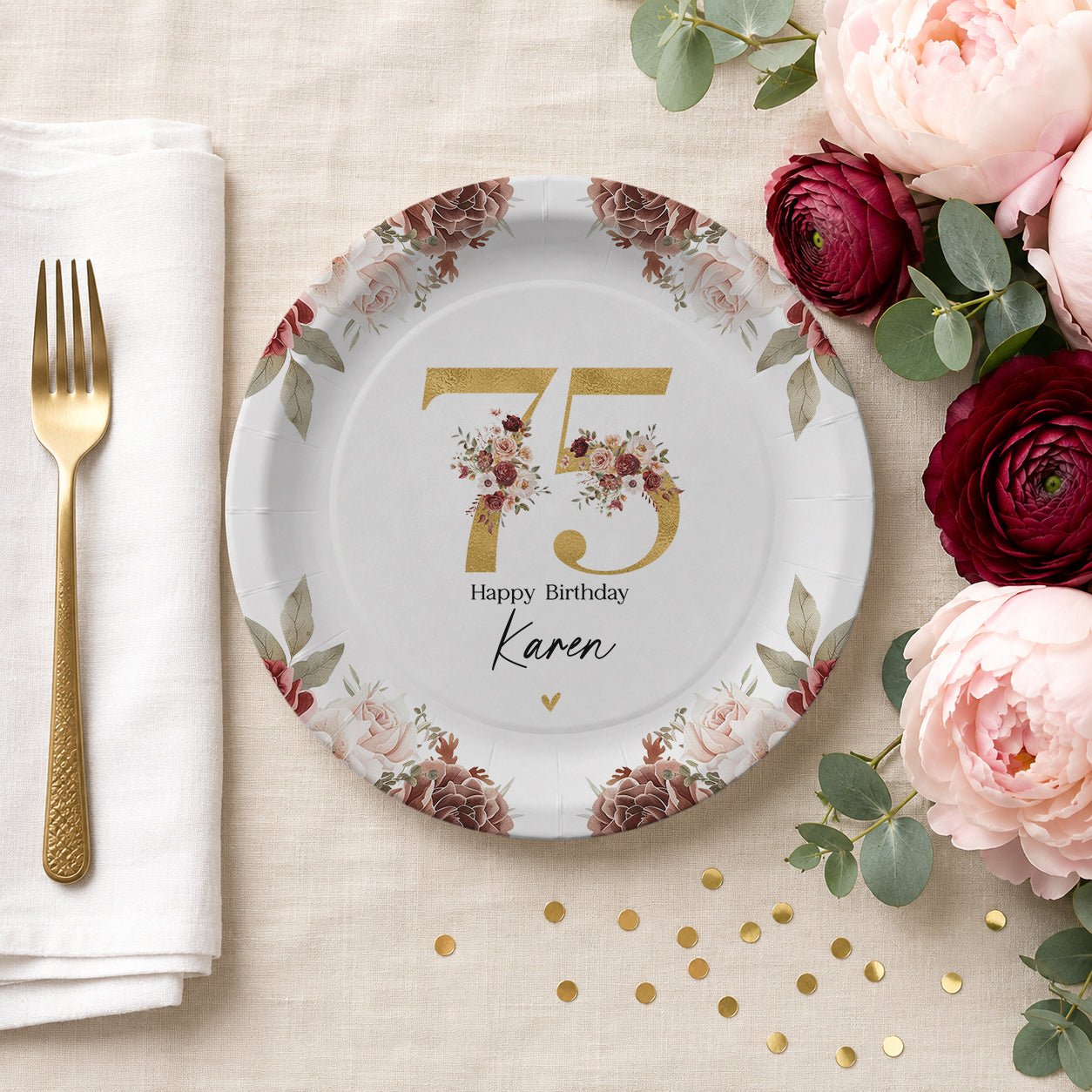 75th Birthday Plates, Personalized Gold and Blush Floral - Pretty Gifted
