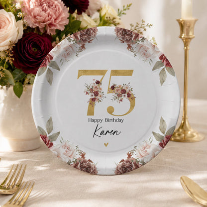 75th Birthday Plates, Personalized Gold and Blush Floral - Pretty Gifted