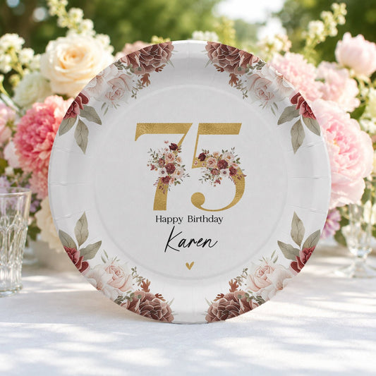 75th Birthday Plates, Personalized Gold and Blush Floral - Pretty Gifted
