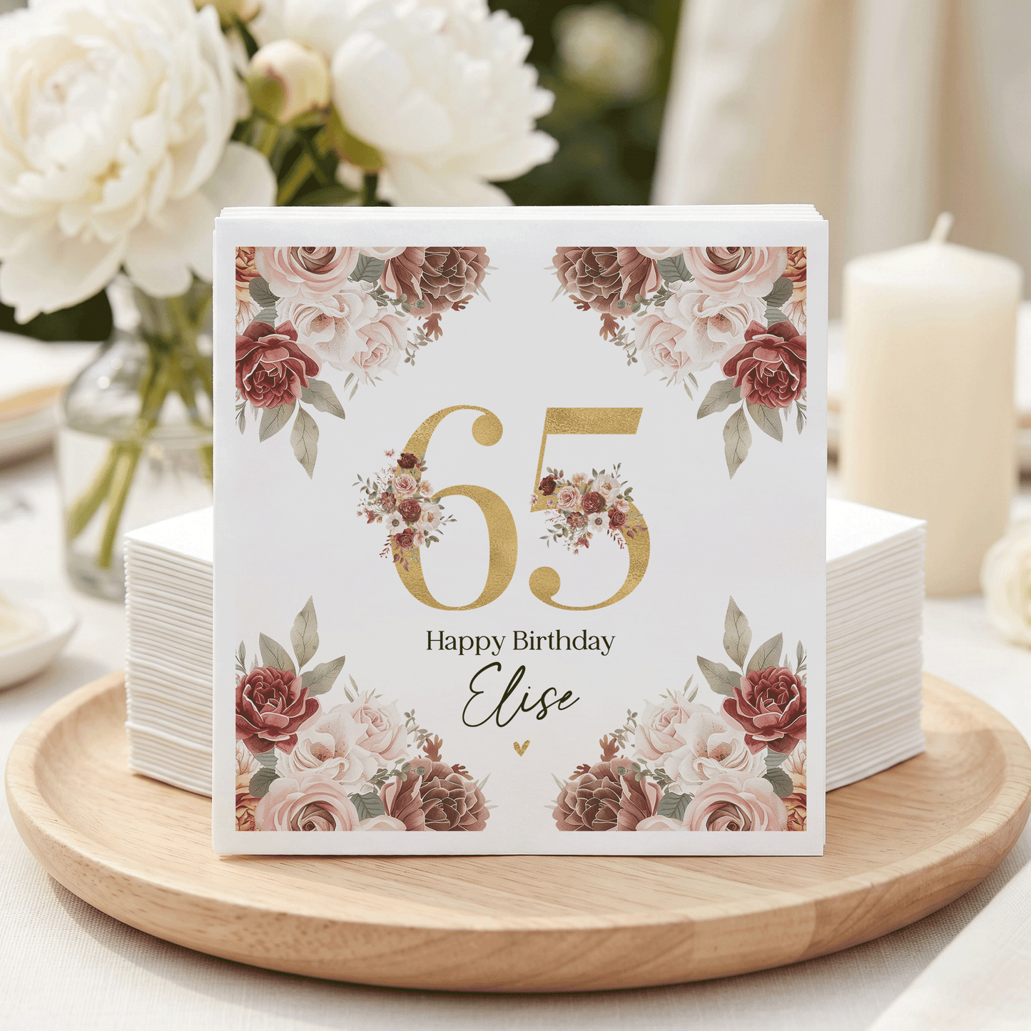 Personalized 65th Birthday Napkins – Burgundy Floral Milestone Party Napkins