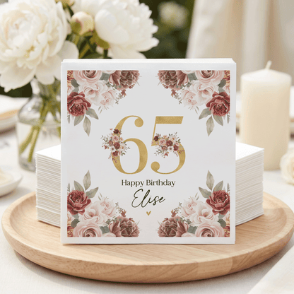 Personalized 65th Birthday Napkins – Burgundy Floral Milestone Party Napkins