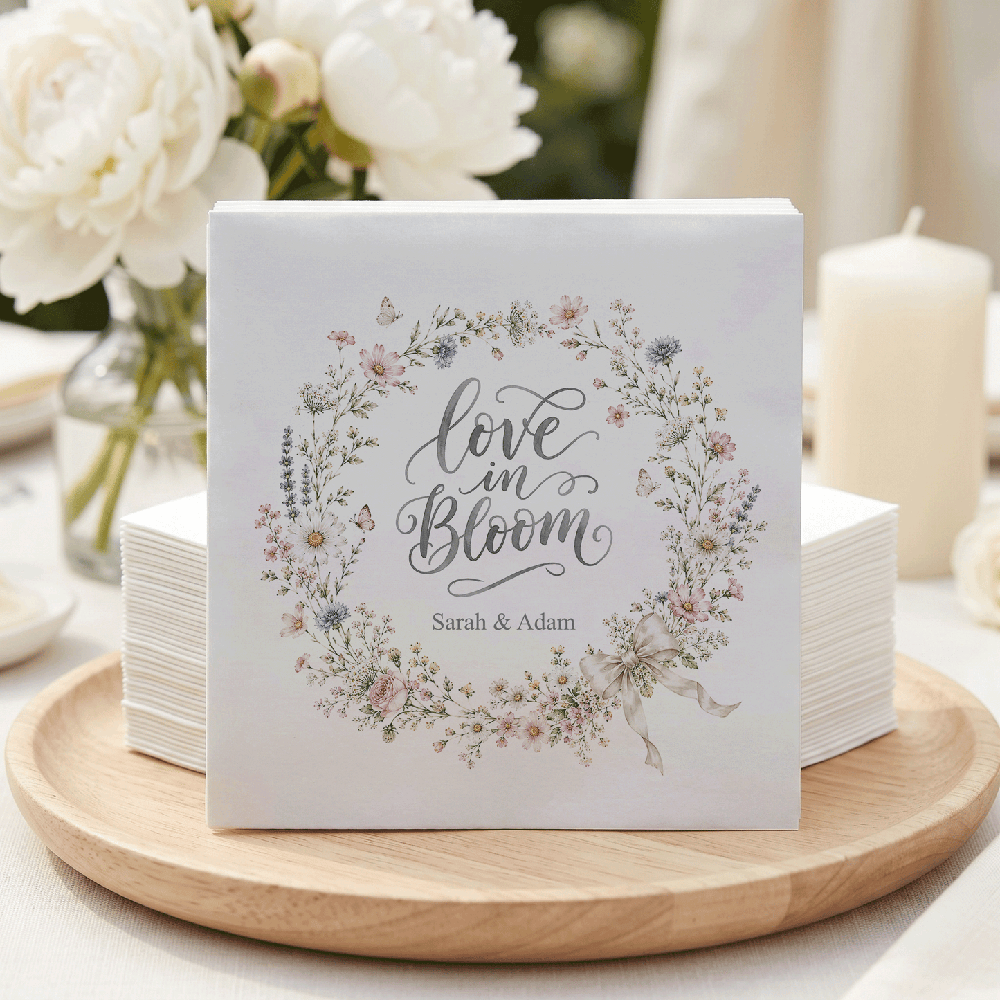 Wildflower Wreath Wedding Napkins, Love in Bloom, Personalized