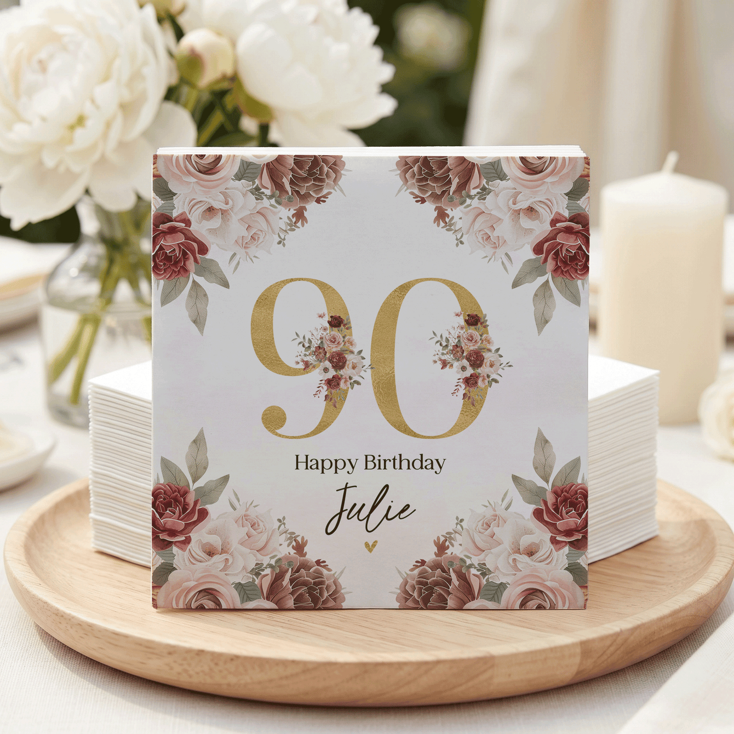90th Birthday Napkins, Personalized Gold and Burgundy