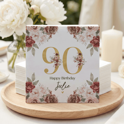 90th Birthday Napkins, Personalized Gold and Burgundy