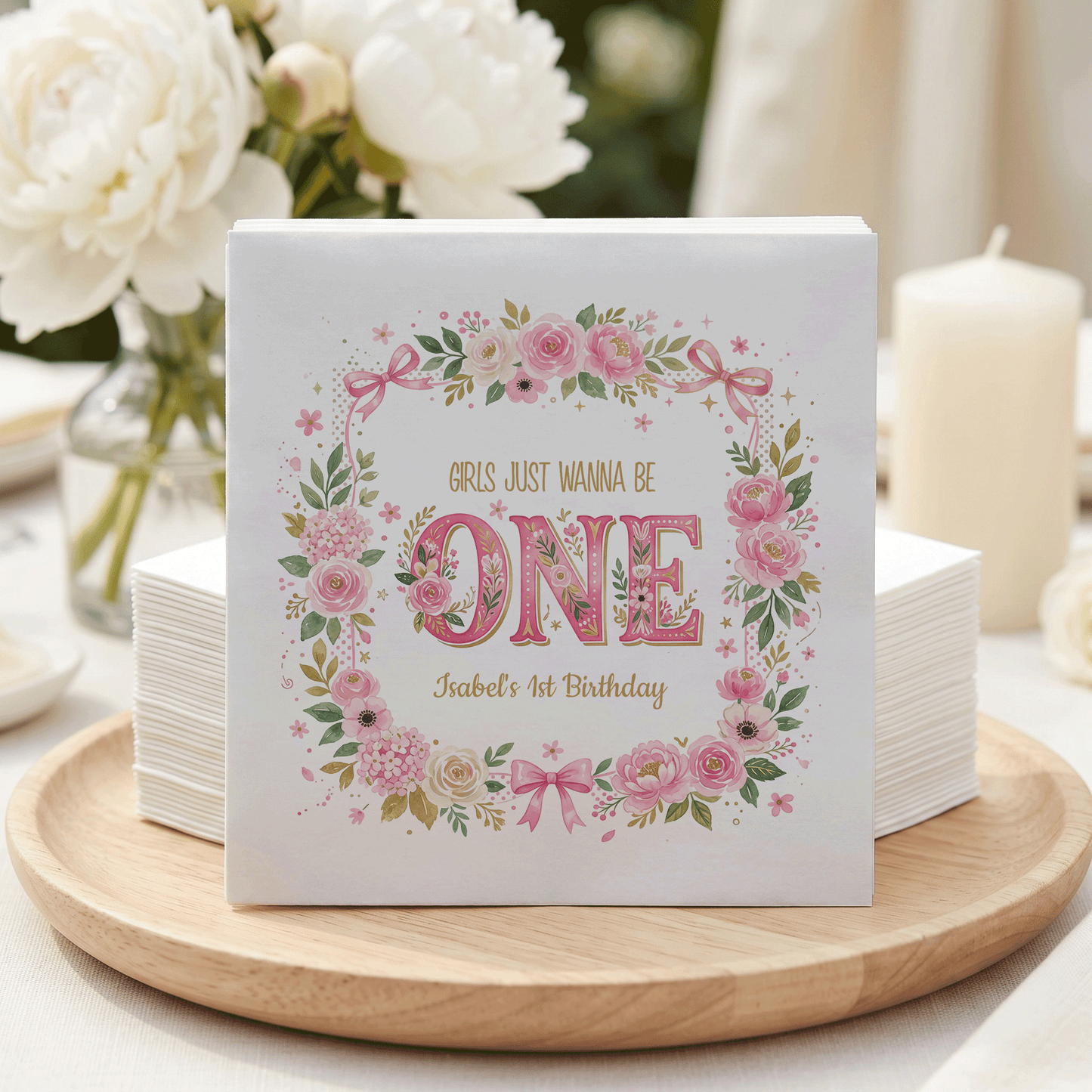 Girls Just Wanna Be One Napkins, Pink Floral, Personalized