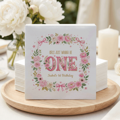 Girls Just Wanna Be One Napkins, Pink Floral, Personalized