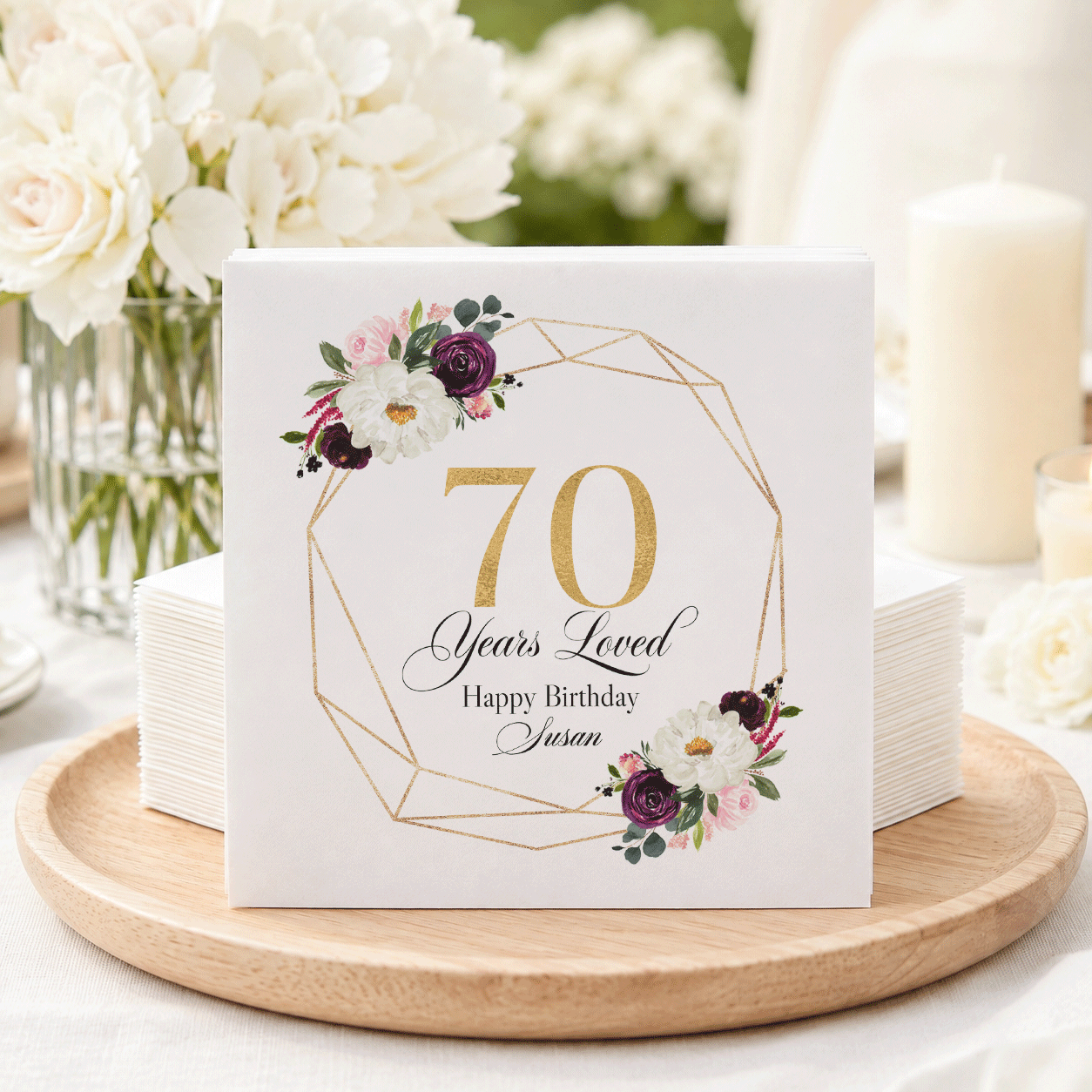 70th Birthday Napkins, Burgundy Floral Gold Geometric