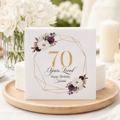 70th Birthday Napkins, Burgundy Floral Gold Geometric