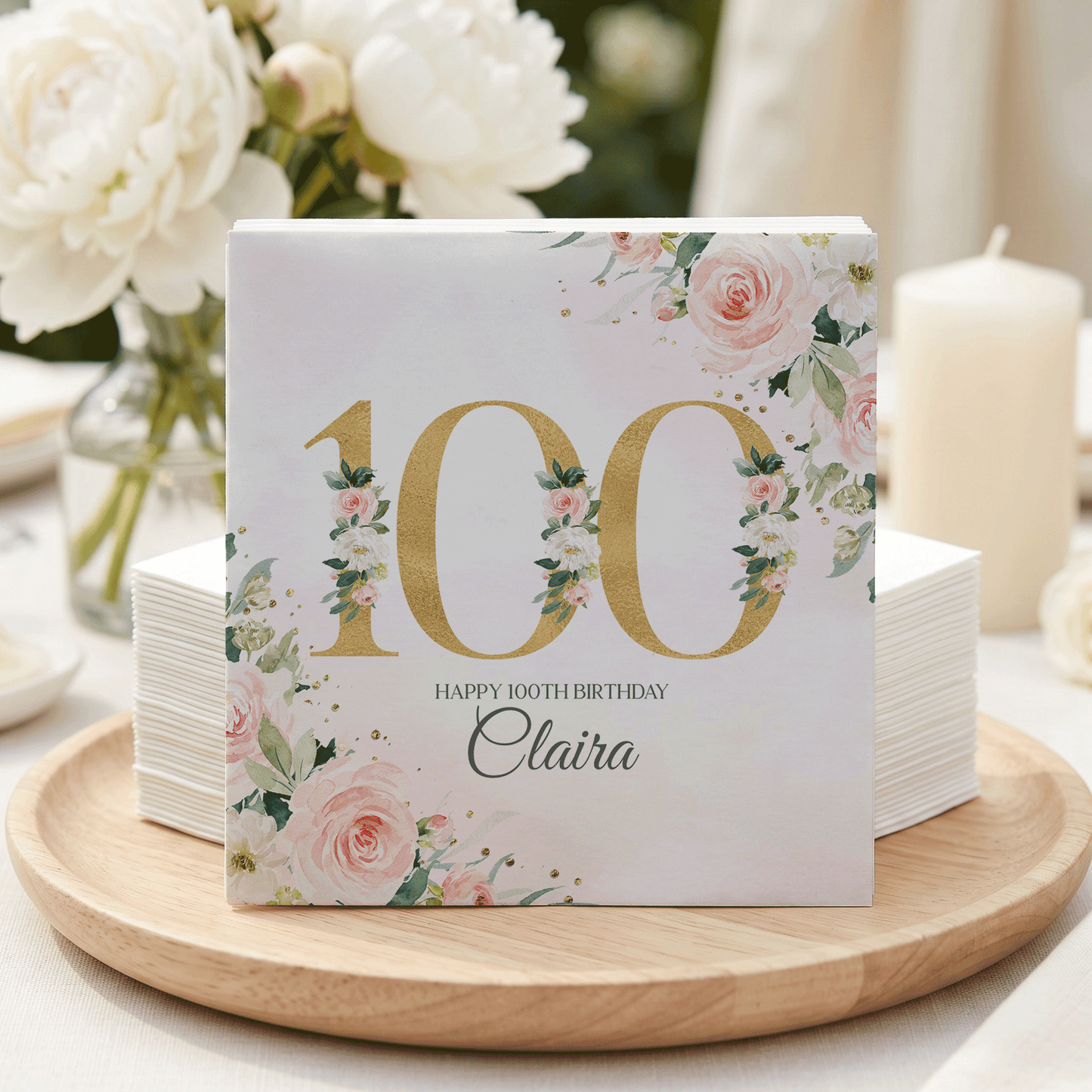 Personalized 100th Birthday Napkins with Peach Rose Gold Floral Design