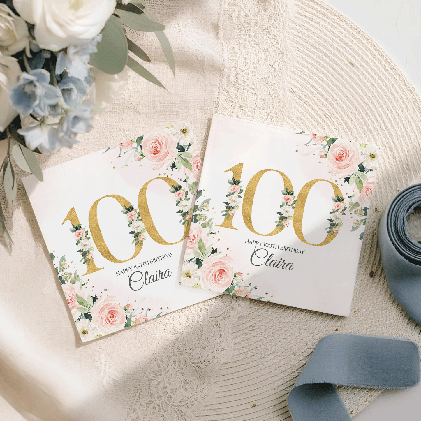Personalized 100th Birthday Napkins with Peach Rose Gold Floral Design