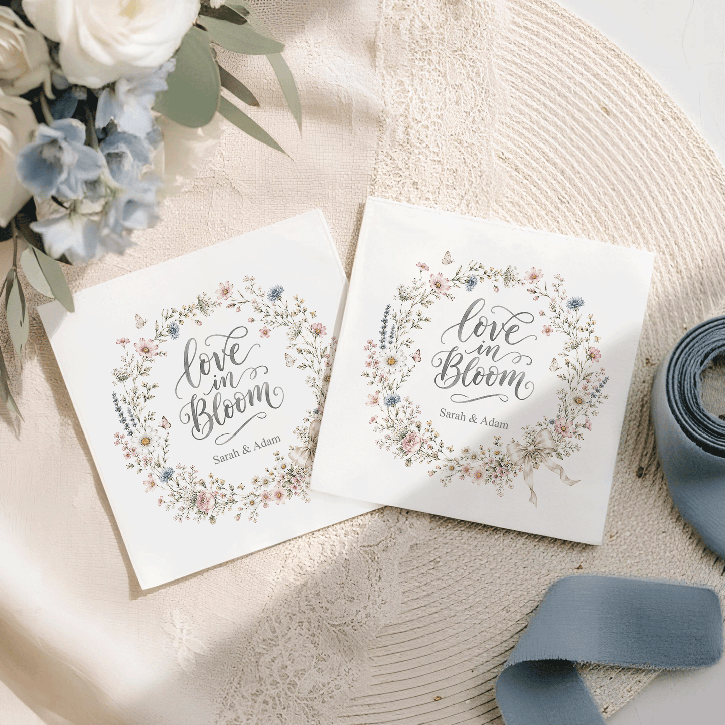 Wildflower Wreath Wedding Napkins, Love in Bloom, Personalized