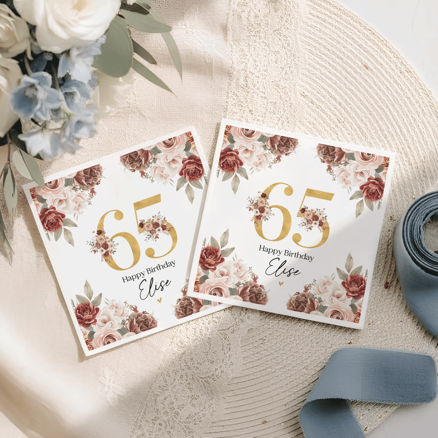 Personalized 65th Birthday Napkins – Burgundy Floral Milestone Party Napkins