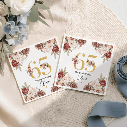 Personalized 65th Birthday Napkins – Burgundy Floral Milestone Party Napkins