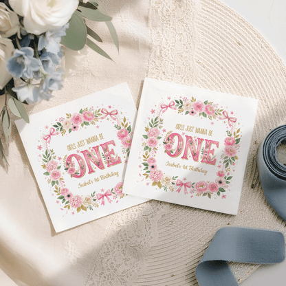 Girls Just Wanna Be One Napkins, Pink Floral, Personalized