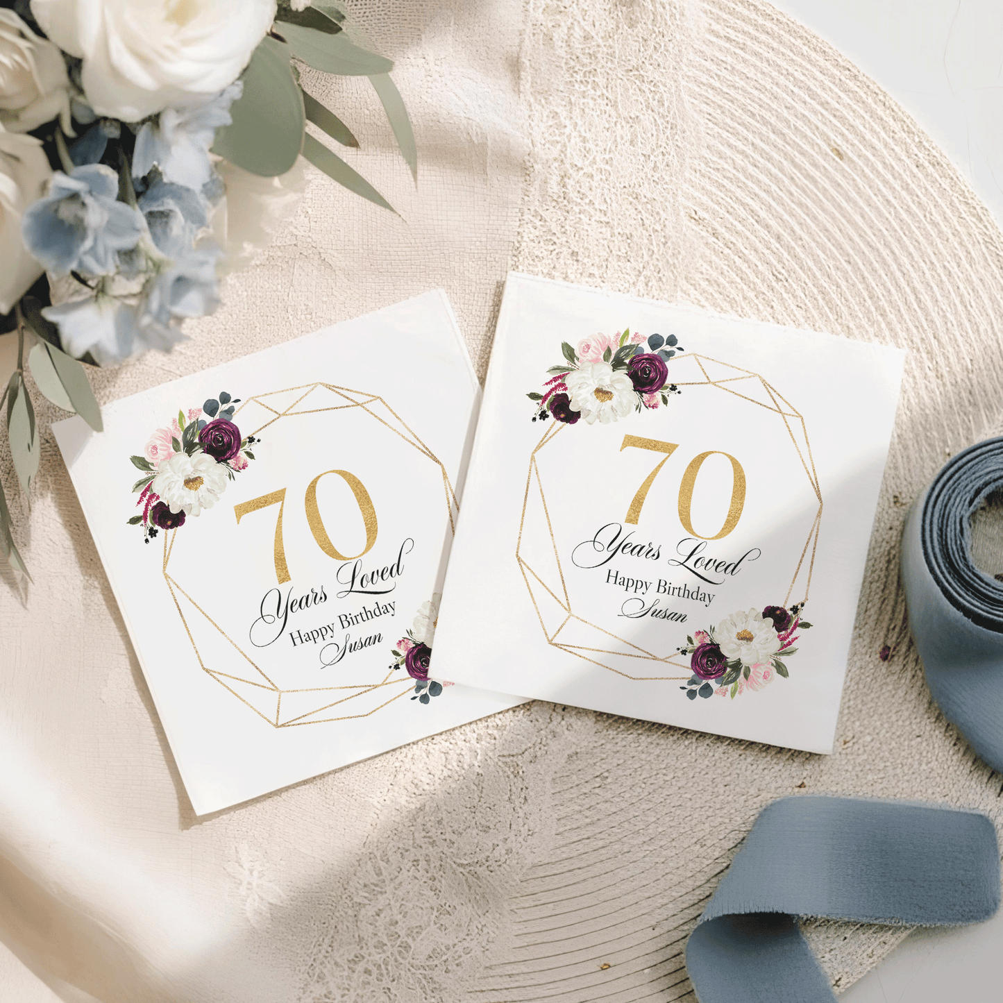 70th Birthday Napkins, Burgundy Floral Gold Geometric